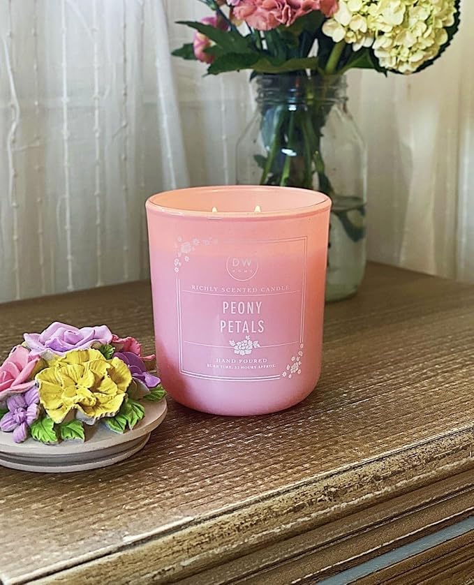 DW Home Peony Petals Wooden Wick Candle – Fresh Peony, Rose & Freesia Floral Fragrance, 12 oz Crackling Wood Wick Jar Candle, Long Burning Home Fragrance Candle