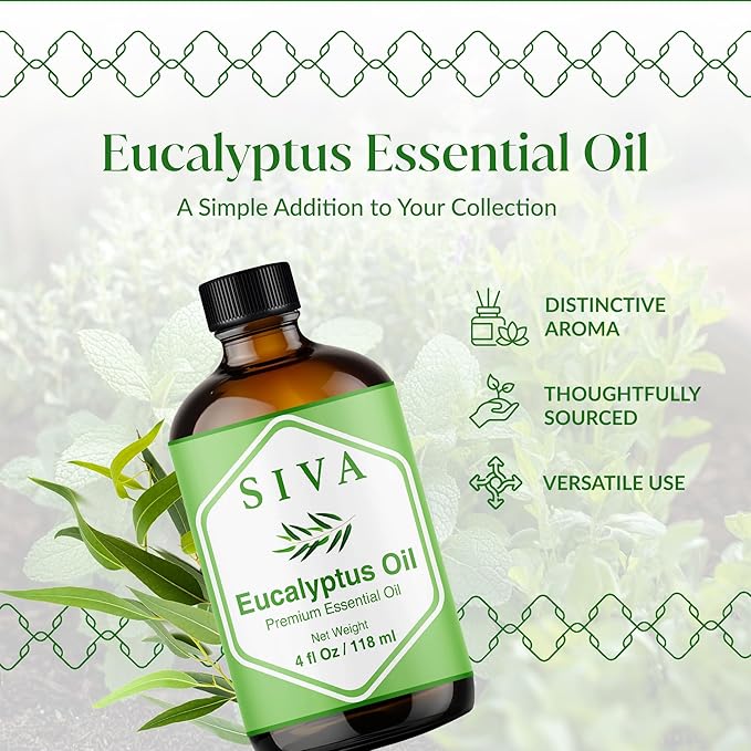 Siva Eucalyptus Essential Oil 4 Fl Oz – for Diffuser, Skin & Hair Care – Ideal for Aromatherapy, Massage & DIY Blends- with Dropper