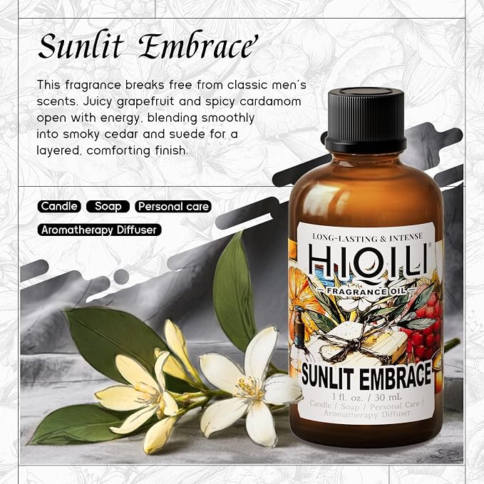 HIQILI Sunlit Embrace Fragrance Oil for Diffuser, Candle, Soap & Perfume Making, Floral-Woody Scent, Long Lasting Aroma - 1 Fl Oz