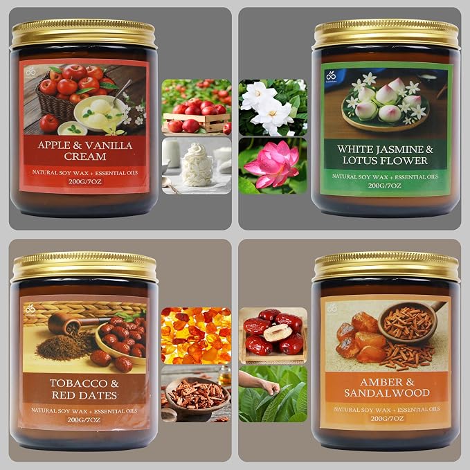 Soy Candles for Home Scented, 4-Pack Gift Set | Amber Sandalwood and Apple Vanilla, 50 Hour Long Burn, Cotton Wick, Aromatherapy, Gifts for Women Mom Birthday Christmas