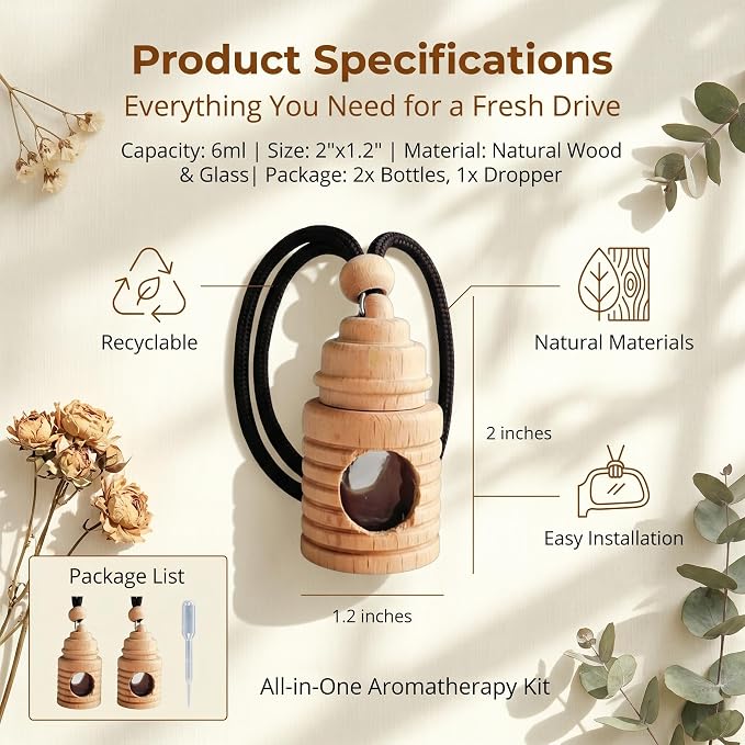 2 Pack Hanging Car Air Freshener Diffuser, Refillable Glass Bottle with Wooden Cap, Long Lasting Drift Car Air Freshener for Essential Oils - Car Fresheners, Car Accessories-A6