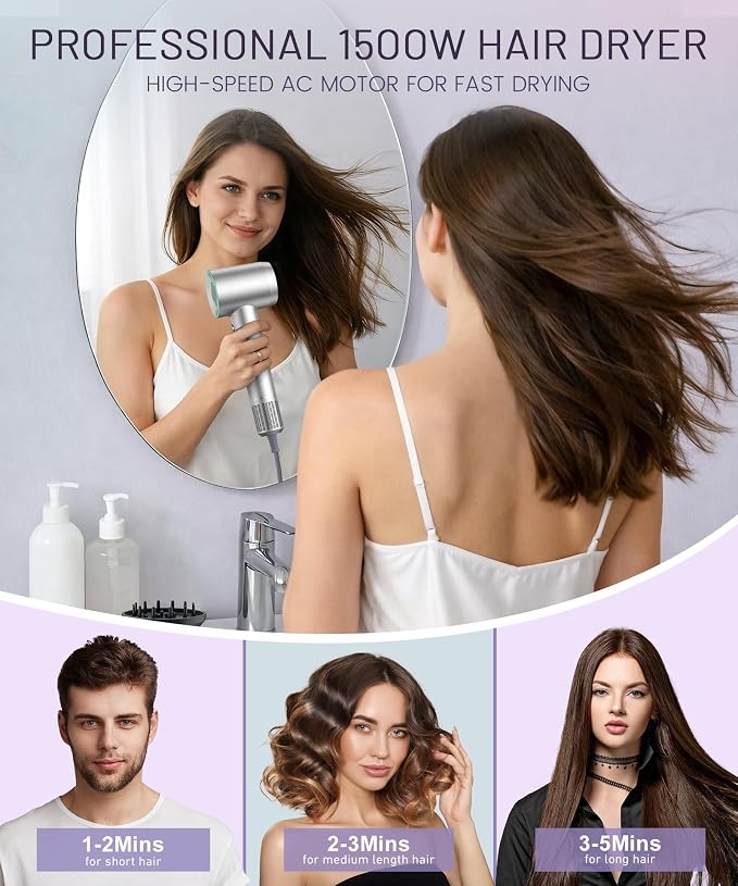 Cosy Companions High-Speed Ionic Hair Dryer, 150000 RPM Brushless Motor for 2-5Min Fast Drying, Low Noise Blow Dryer Reduces Frizz & Heat Damage, Lightweight Hair Dryer with Diffuser & Nozzle, Silvery