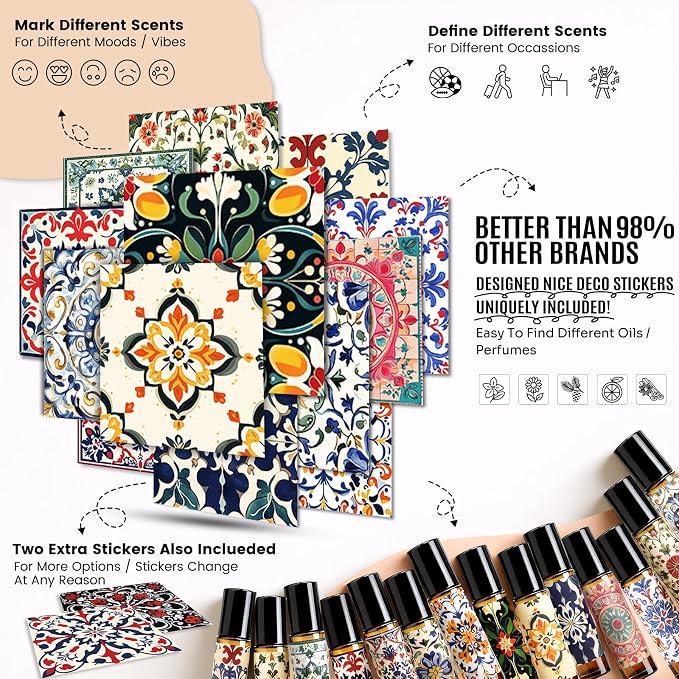 Roller Bottles for Essential Oils Roll On Bottles 14 Pack, 10ml Amber Rollerball Bottle Thick Glass Empty with Oil Perfume DIY Kits Boho Stickers Leak-Proof Refillable for Travel, Gift