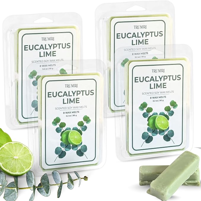 TRUMIRI Eucalyptus Lime Scented Wax Melts - Made with Non Toxic Soy Wax and Essential Oils - Long Lasting Strong Scent Pet Safe Aromatherapy Candle Wax Cubes Tarts for Warmers Pack of 4