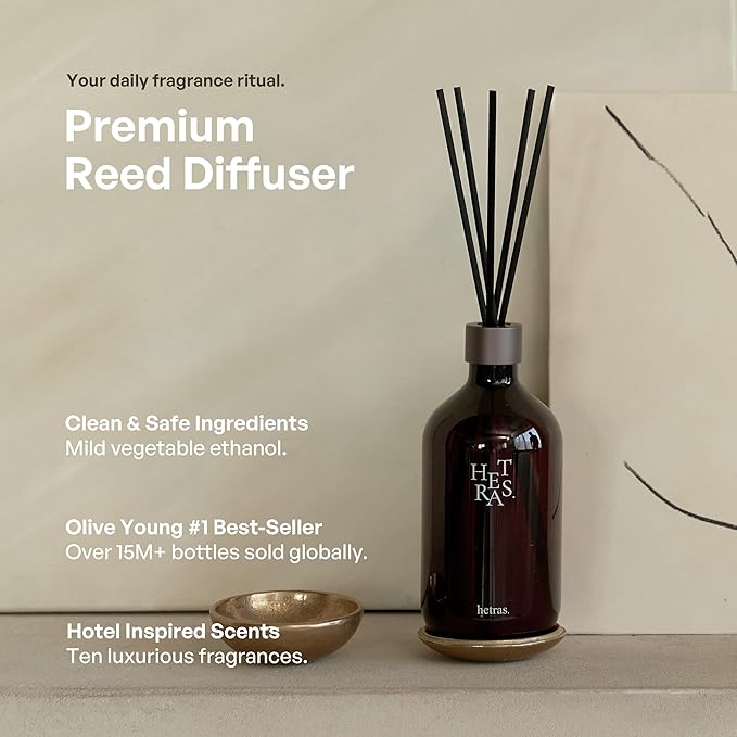 hetras Premium Reed Diffuser Set (Jeju Saryeoni Forest Scent)–Large Capacity Home Fragrance | 16.9 fl.oz (500ml), 1 Pack with 5 Reed Sticks | Citrus & Cedarwood Aroma | Luxury Decor for Home & Office