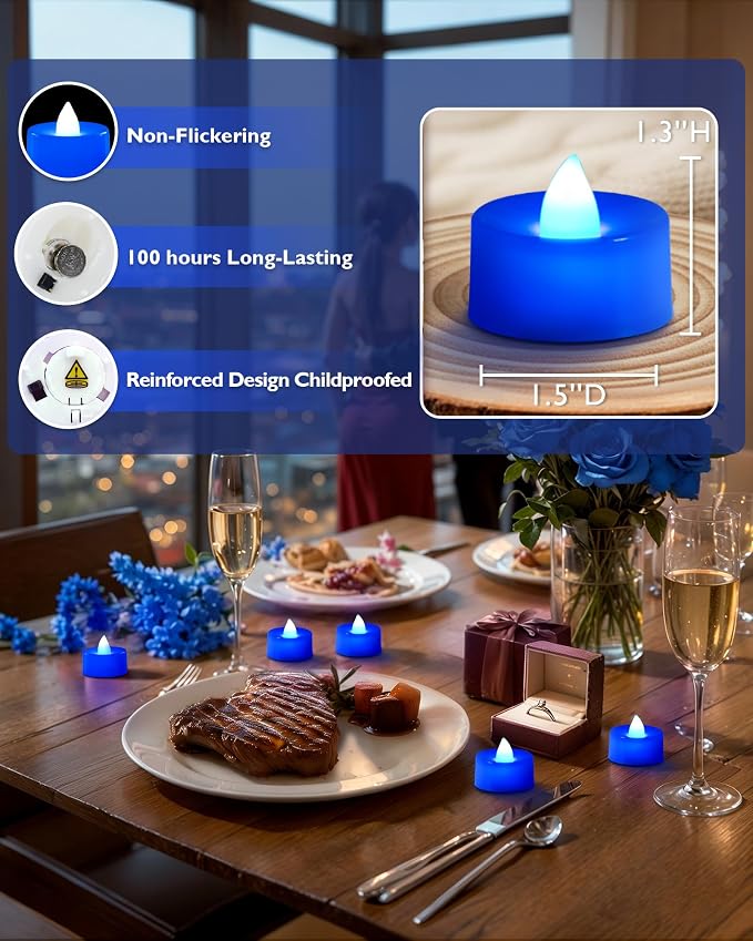 Amagic Blue LED Tea Lights Candles, 24 Pack Battery Operated Flameless Tea Lights, Long Lasting Colored Tealights Candles for Halloween and Festival Celebration, Party, Wedding Table Decor, Birthday