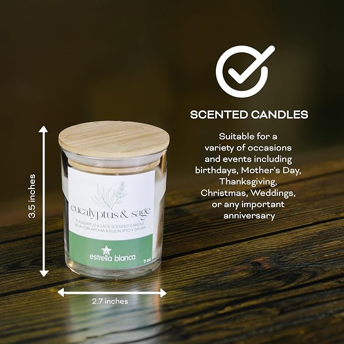 7oz Eucalyptus and Sage Scented Candle, Candles for Home Scented, Soy Blend Wax Candle, Gift for Women Men, Long Burning Candle