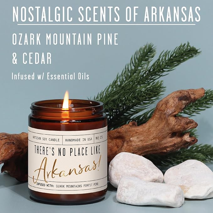 Arkansas Gifts, Arkansas Decor for Home - 'There's No Place Like Arkansas Candle, w/Ozark Moutain Pine & Cedar I Arkansas Souvenirs I Arkansas State Gifts I 9oz Jar, 50Hr Burn, USA Made