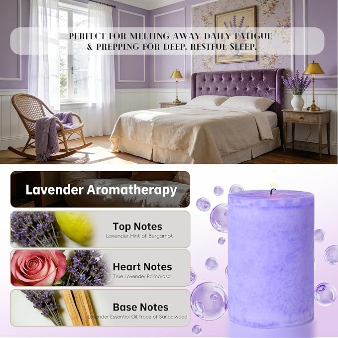 4 Pack Lavender Scented Pillar Candles-2.8x4 in Purple Decorative Candles,60-Hour Long Lasting Burn,Handmade Rustic Pillar Candles for Home Fragrance,Stress Relief, Home Spa & Meditation