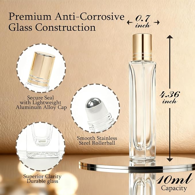 Roller Bottles for Essential Oils 4 pack, 10 ml Refillable Leak-Proof Glass Rollerball Bottles with Stainless Steel Balls & Golden Caps - for DIY Aromatherapy, Travel Perfume, Relief Blends & Skincare