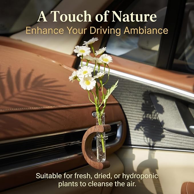 Car Vent Clip Bud Vase, Car Air Vent Propagation Vase Diffuser, Glass Tube Plants Ornamental Decoration, Universal for Horizontal, Vertical, Angled Outlets (C-Shaped Walnut)