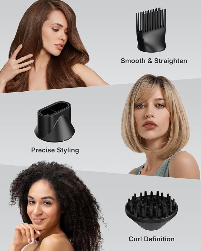 ANNLARY Hair Dryer with Comb | 1800W Blow Dryer with Diffuser for Curly Hair | Plasma Ionic Hairdryer for Frizz Control & Shine | Foldable Portable Travel Hair Dryer | 6.5 ft Cord (Black)
