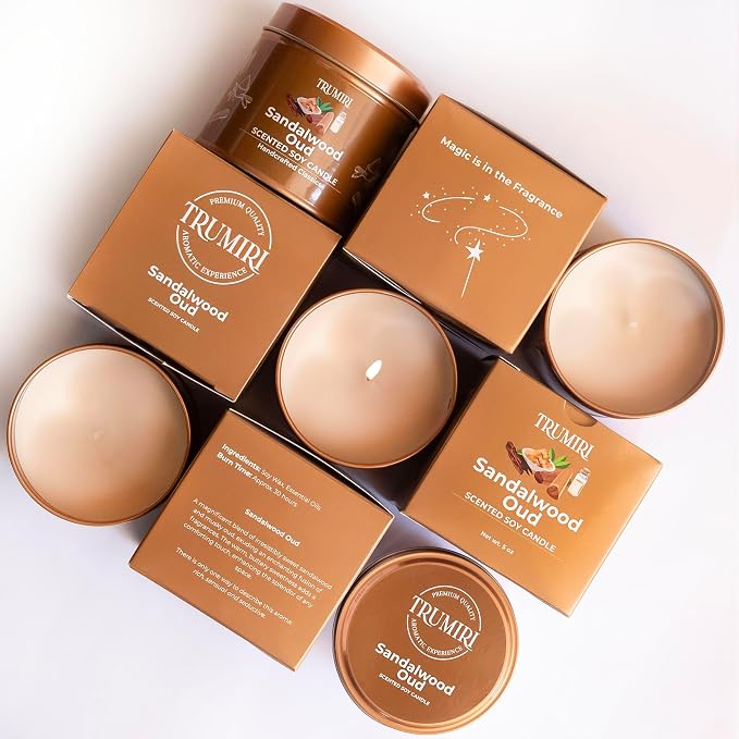 Sandalwood Oud - Scented Candles for Men - 5oz Natural Soy Clean Organic Non Toxic - Masculine Scent Gifts - Candel for Home Bedroom Bathroom Apartment Room Décor Aesthetic New House Essentials