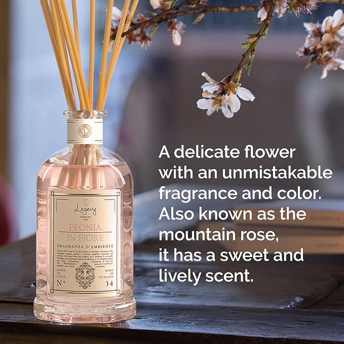 Logevy Firenze 1965 Peonia in Fiore – Peony in Bloom Luxury Home Fragrance Diffuser from Master Perfumer in Italy with Sweet Floral Notes in Elegant Glass Bottle with 10 Natural Bamboo Reeds – 250ml