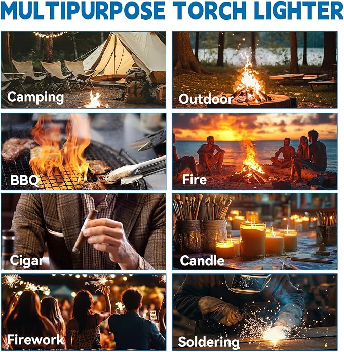 ZMQW Torch Lighter, Camping Lighter, Windproof Adjustable Red/Blue Big Jet Flame Butane Lighter with Safety Lock, Refillable Gas Butane Torch for Grill Campfires Kitchen Candles Fireplace BBQ, Gift
