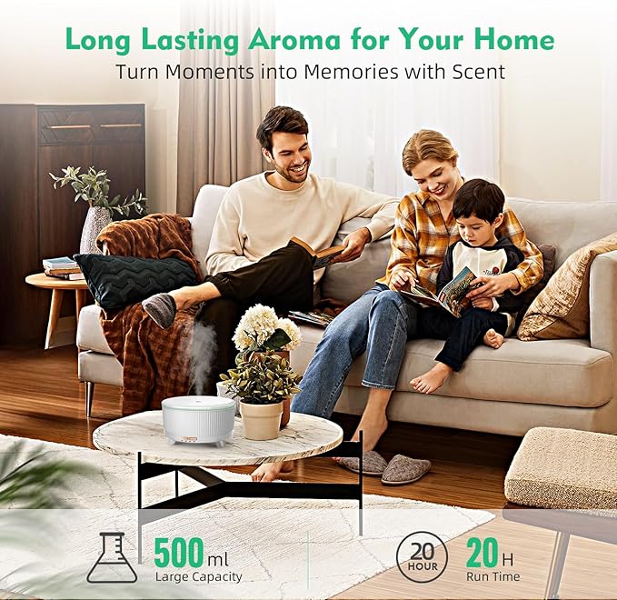 20-Hour Long-Lasting Aromatherapy, 500ML Large Essential Oil Diffuser: Ultrasonic Cool Mist Humidifier with Remote Control, 7 Color Lights, Timer, Auto-Off for Home/Bedroom/Yoga (White)
