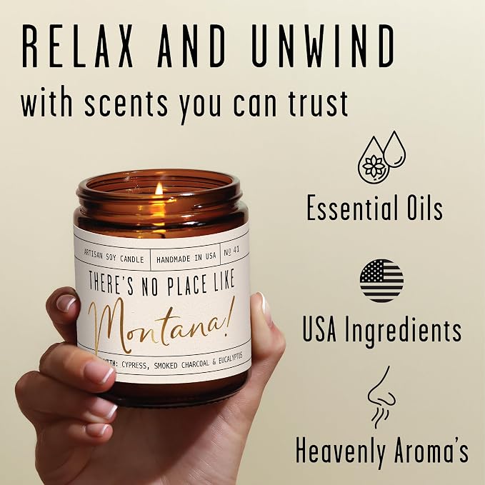 Montana Gifts, Montana Decor for Home - 'There's No Place Like Montana Candle, w/Cypress, Eucalyptus & Smoke I Montana Souvenirs I Montana State Gifts I 9oz Jar, 50Hr Burn, USA Made