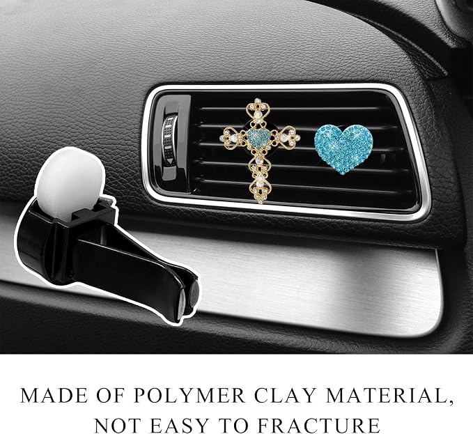 2 PCS Bling Car Vent Clip, Crystal Rhinestone Cross and Heart Car Air Fresheners Vent Clips, Diamond Car Air Conditioner Outlet Decoration Charm for Women, Car Accessories (Blue)