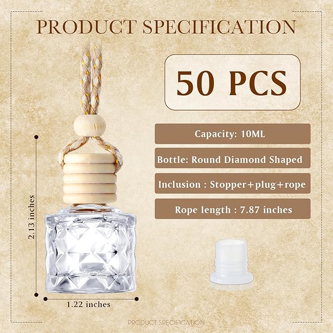 BBTO 50 Pcs Hanging Car Air Freshener Car Diffuser Bottles Empty Glass Perfume Bottle Freshener Diffuser Bottle Pendant for Essential Oil Fragrance Aromatherapy Ornament(Diamond)