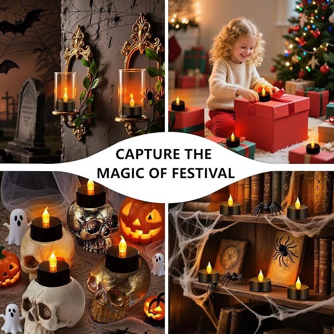 Tea Lights Battery Operated Candles LED Tea Lights Flameless Candles 200+ Hours Flickering Fake Tealights for Halloween, Christmas Aniversary Home Table Decor(Black, 100 Pack)