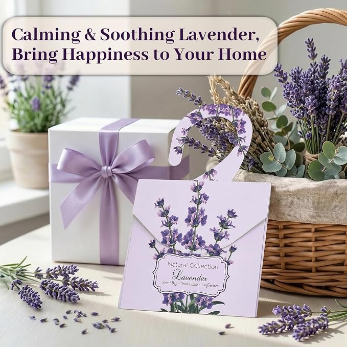 24 Pack Lavender Sachets, Natural Closet Freshener Drawer Sachets Hanging Home Fragrance Long Lasting with 10 Hanging Bags