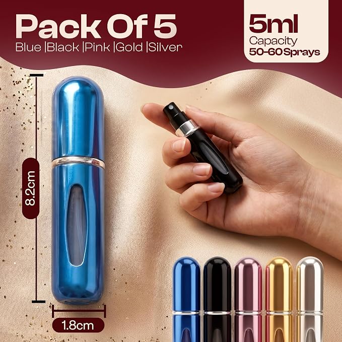 5ml Travel Perfume Bottle Refillable Atomizer Sprayer for Perfume,Leakproof Perfume Atomizer Travel, Portable Refillable Perfume Bottles, (Blue, Black, Pink, Gold, Silver)
