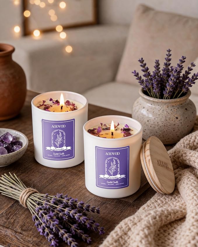 AOOVOO Lavender Scented Candle Set 2 Pack - Aromatherapy Candle with Crystals Inside, 20oz Soy Candles for Home Scented, Birthday Gifts Mothers Day Candle for Women Mom