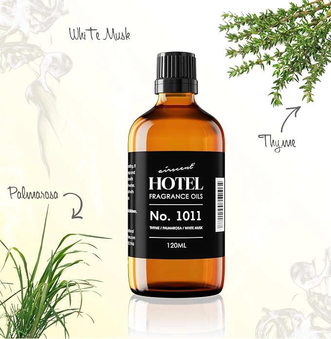 AirScent Hotel Diffuser Oil No. 1011 -The Beach Villas Scent - 120 mL | Thyme Palmarosa White Musk - Fragrance Oil for Ultrasonic and Waterless Diffusers and Crafting - 4 fl oz Dropper Bottle