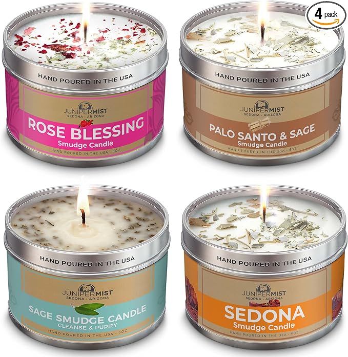 Smudge Candle Gift Set (4x6oz) – Love, Grounding, Cleansing & Awakening – Soy Wax Energy Candles – Sage, Rose, Palo Santo & Sedona – Spiritual for Protection, Intention & Healing – Made in USA