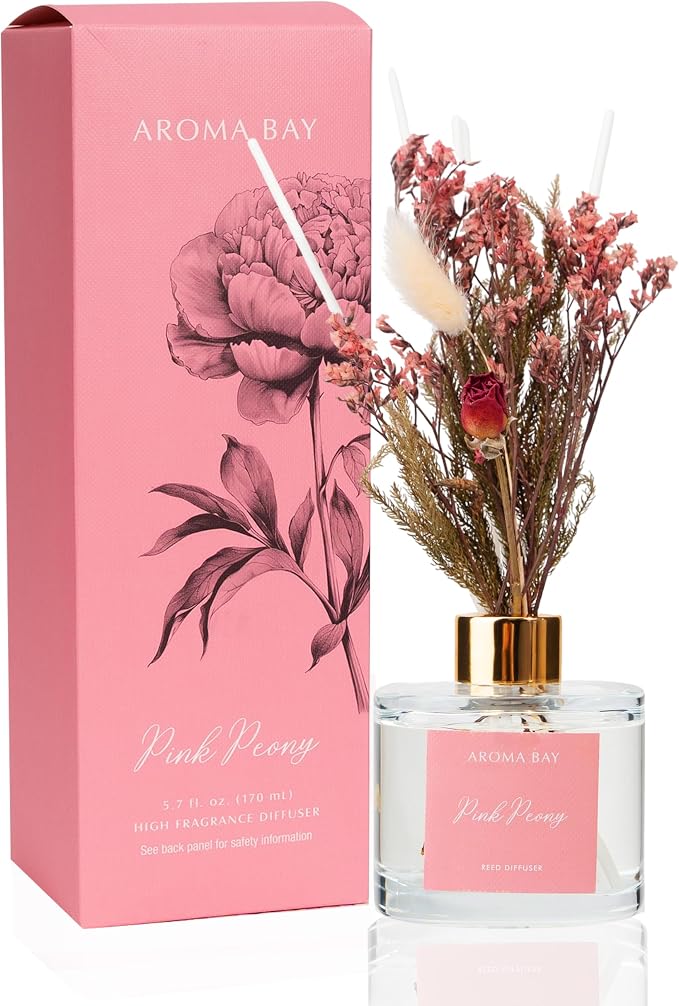 5.7 fl oz Pink Peony Reed Diffuser Set, Glass Bottle with Preserved Flowers, Natural Decoration for Bedroom,170ml, Friendship Gifts for Best Friends, Back to School Gift, Gift for Mom