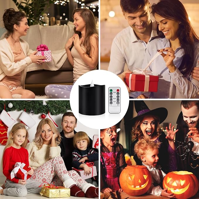 Black Flameless LED Candles - 3" x 3" Real Wax, Battery Operated with Remote Timer, 3D Flickering, Lasts 600+ Hours, Halloween & Christmas Deco (Black, 3"*3"-1pcs)