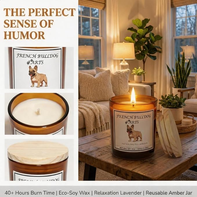 French Bulldog Gifts for Women | Birthday Gifts for Mom | Light When Dog Farts Candle | Cedar By Natural Soy Wax | Pet Safe Friendly Memorial Candles for Home Scented Household Essentials