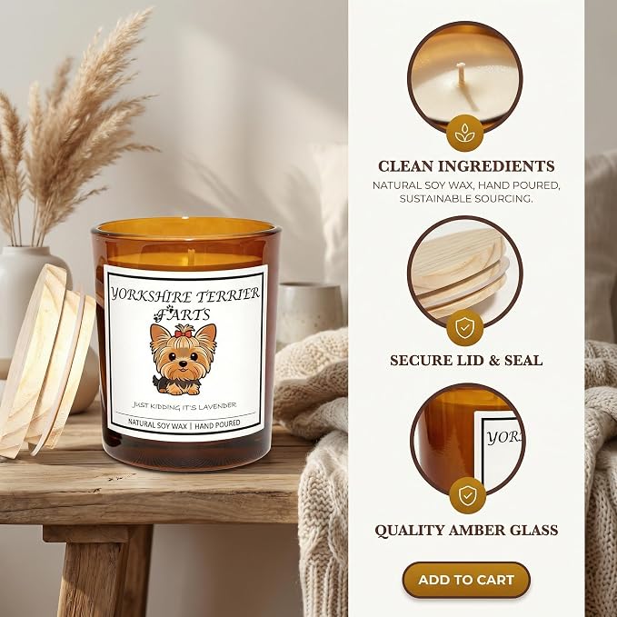 Yorkshire Terrier Gifts for Women | Birthday Gifts for Mom | Light When Dog Farts Candle | Cedar By Natural Soy Wax | Pet Safe Friendly Memorial Candles for Home Scented Household Essentials
