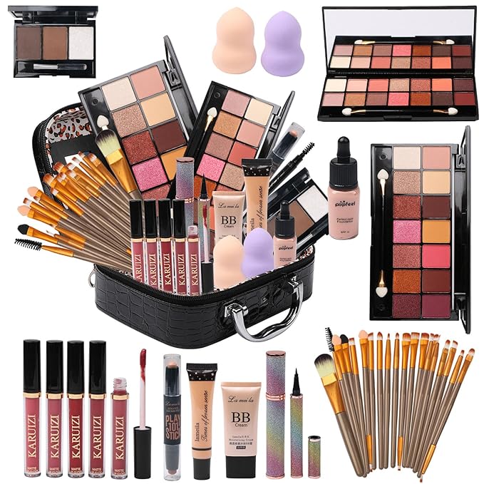 MTDXILTAI All in One Makeup Kit for Makeup storage bag 2X14 Colors Eyeshadow Palette Liquid Foundation Eyeliner Pencils Contouring Stick Lip Gloss 20Pcs Make up Brushes For Women Girls Teens (Black)