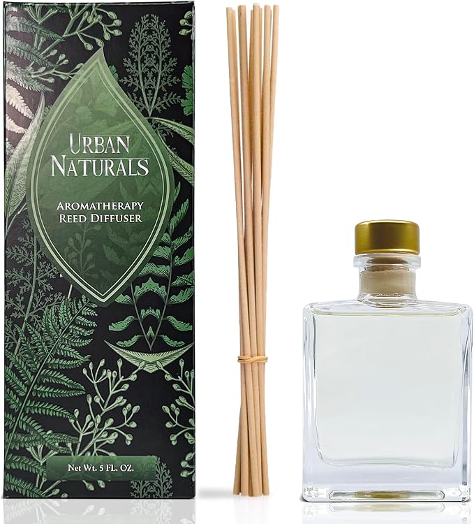 Urban Naturals Oud Reed Diffuser Set – Bergamot, Raspberry, Oud, Musk, Warm Amber – Made with Essential Oils – Sleek Rectangular Refillable Glass Bottle – Made in the USA