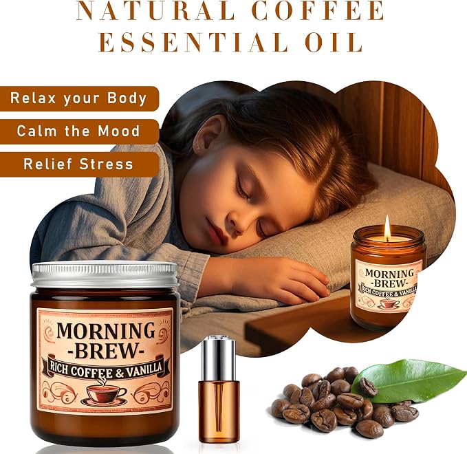 Coffee Soy Candle - Coffee Scented Candles for Home, Candles Gifts for Women, 8oz Amber Jar + Silvery Lid, 40+ Hours Burn Time, Aromatherapy Gifts for Men