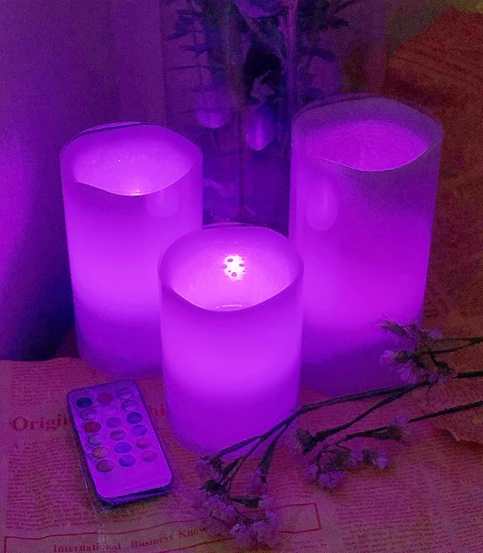 Adoria Purple Flameless Candles Set 3- Real Wax Pillar Candles Battery for Color Changing/Flickering/Night Light/Timer-Lavender Scented -Dia3 xH4/5/6“,Home Decor.Camping,Party