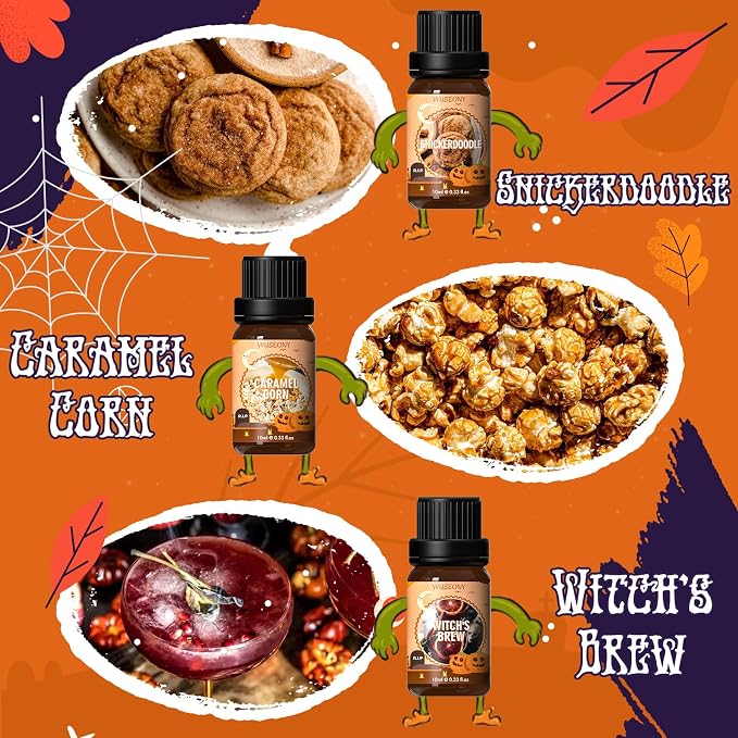 WUSEONY Halloween Fragrance Oils Set, Essential Oils for Diffusers Home, Scented Oils for Candle Soap Making - Pumpkin Pie, Caramel Apple, Chocolate Bars, Snickerdoodle, Caramel Corn, Witch's Brew