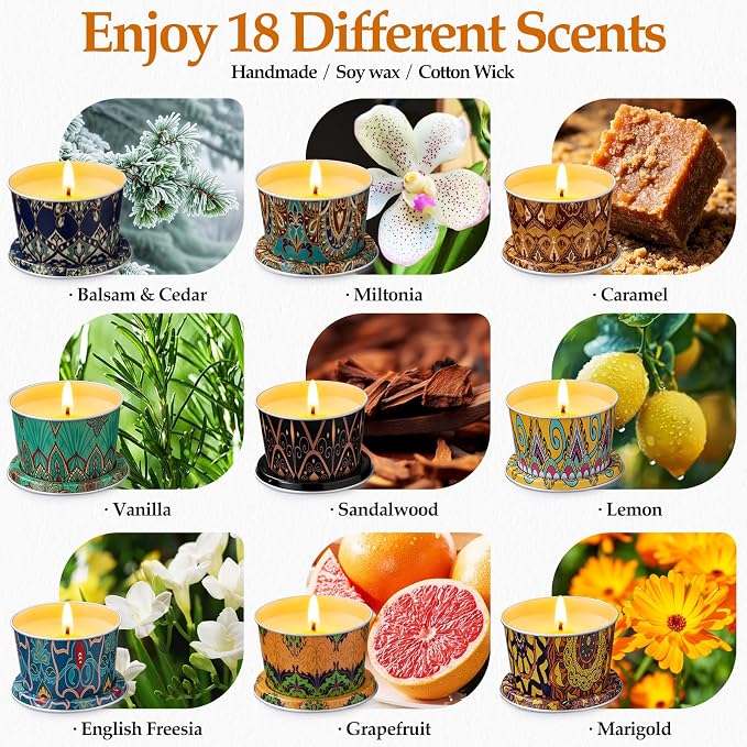 18 Pack Scented Candles Set,Soy Wax Travel Candles Bulk, Long Lasting Aromatherapy Candle Gift Set for Women, Home Fragrance, Mother's Day,Relaxation & Stress Relief