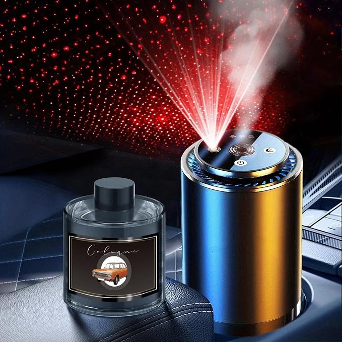 Cologne Car Air Freshener,Aroma Diffuser with Starry Sky Projection,Smart Humidifier with Essential Oil 50ml,Auto On/Off,Built-in Battery,7-LED Color/USB-C Car Fresheners for Auto,Home,Office