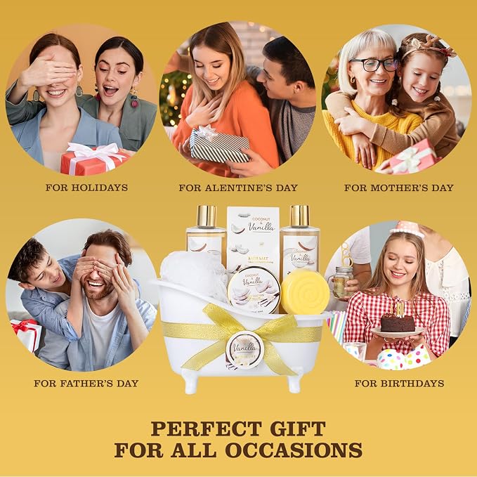 Spa Gift Basket for Women & Men Pamper Kit- 8-Piece Bath Kit Coconut Vanilla Bath & Body Gift Set for Women Self Care Spa Gift Baskets | Perfect Gifts Mom, Birthday Gift, All Occasion Holiday Present