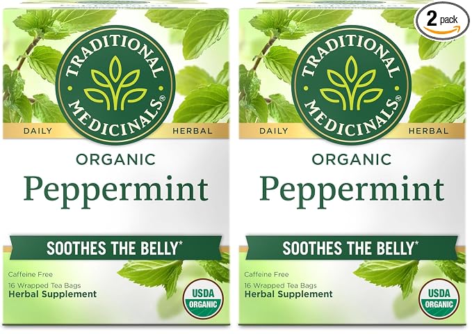 Traditional Medicinals Tea, Organic Peppermint, Soothes Your Belly, Refreshing & Minty, 16 Tea Bags (Pack of 2)