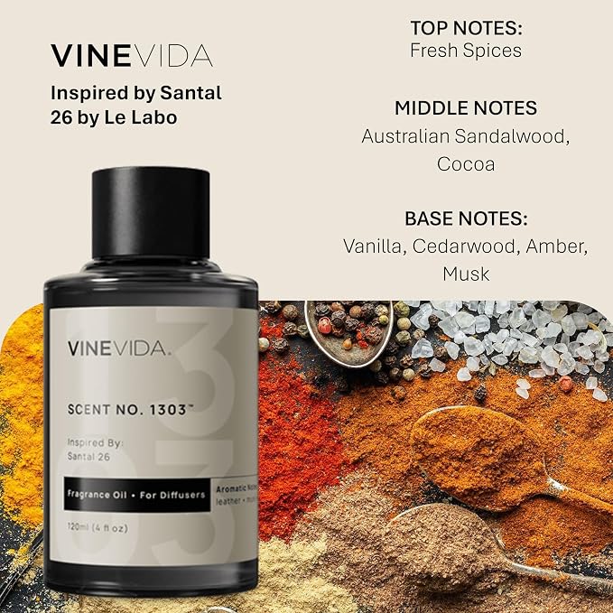 VINEVIDA [4 Fl Oz] Scent NO. 1303 Fragrance Oil for Cold Air Diffusers, Aromatic Notes of Leather Musk Sandalwood, Essential Oils for Diffuser Oil Refill & Air Freshener Room Spray