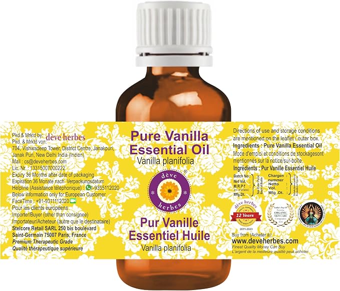 dève herbes Vanilla Essential Oil (Vanilla planifolia) Pure | Non-Sticky | Non-Greasy | Lightweight | Men & Women | All Skin Types | Steam Distilled 30ml (1 oz)