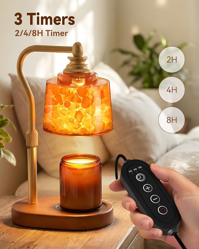 3-in-1 Candle Warmer Lamp with Timer Dimmable, Himalayan Salt Lamp & Passive Diffuser, Gifts for Women, House Warming Gifts, Wax Melt Warmer for Jar Candles (Gold)