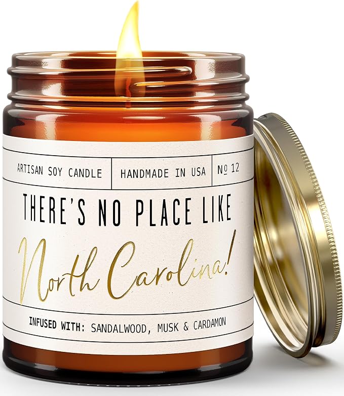 North Carolina Gifts, North Carolina Decor for Home - 'There's No Place Like North Carolina Candle, w/Sandalwood, Musk & Cardamon I North Carolina Souvenirs State Gifts I 9oz Jar, 50Hr Burn, USA Made