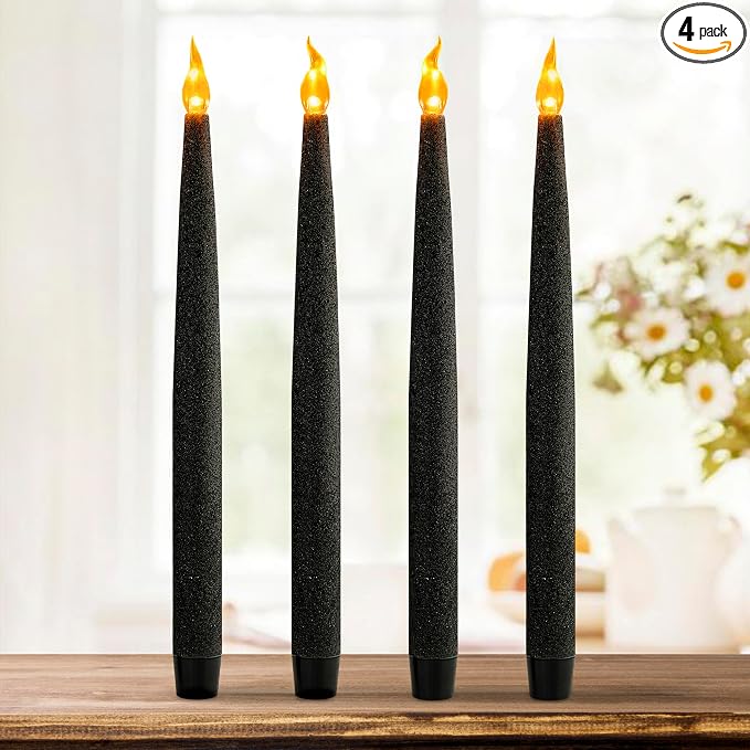 FURORA LIGHTING Black Glitter LED Taper Candles, 4-Pack, 6/18 Timer, Batteries Included