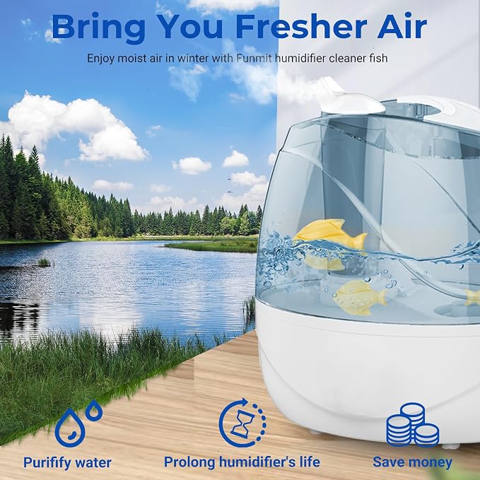Funmit Humidifier Cleaning Fish, 6 Pack Humidifier Cleaner for Humidifiers and Fish Tanks, Purifies Water, Prevents Hard Water Build-Up, Reduces Scale, Yellow
