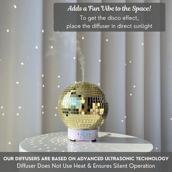 Disco Ball Diffuser Rotating - Essential Oil Diffuser with Whisper Quiet Operation, Cute Scent Diffusers for Home, Ball Decor, Fun Aromatherapy for Medium Room - Gold
