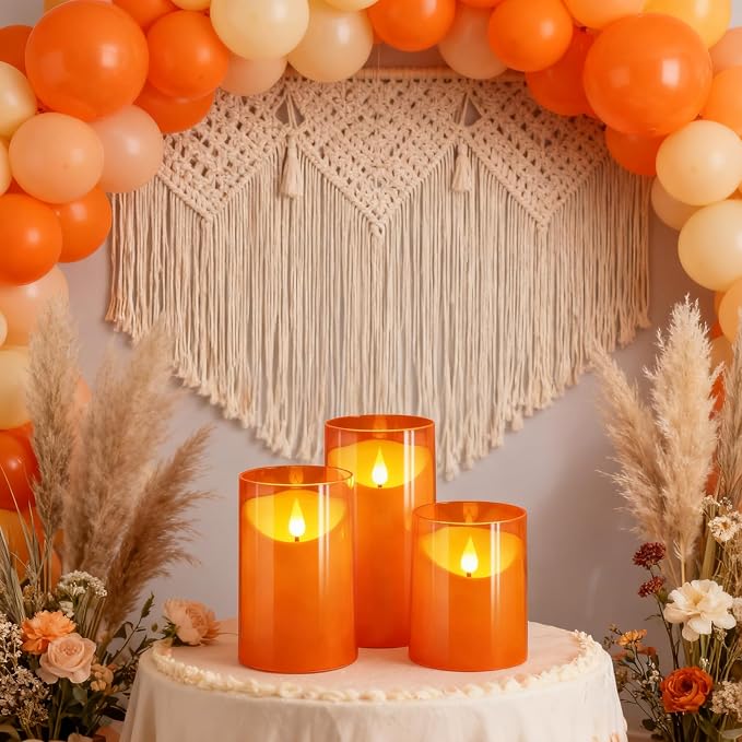 NURADA Flameless Candles with Remote Timers - 3D Wick Battery Operated LED Electric Fake Candles Realistic for for Halloween Thanksgiving Dinner Tables Wedding Party Home Fall Decor - 3 Pack Orange